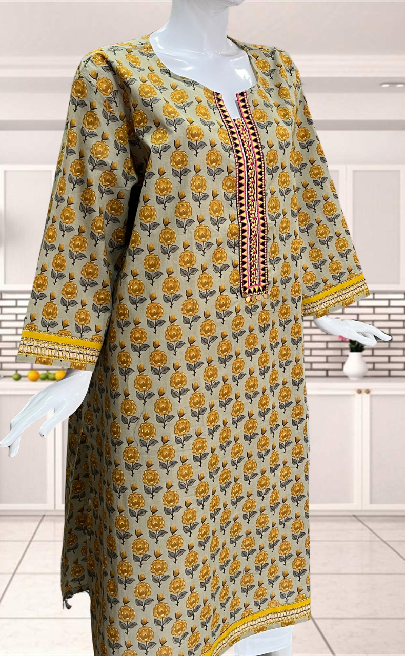 Beige Floral Jaipuri Cotton Kurti. Pure Versatile Cotton. | Laces and Frills