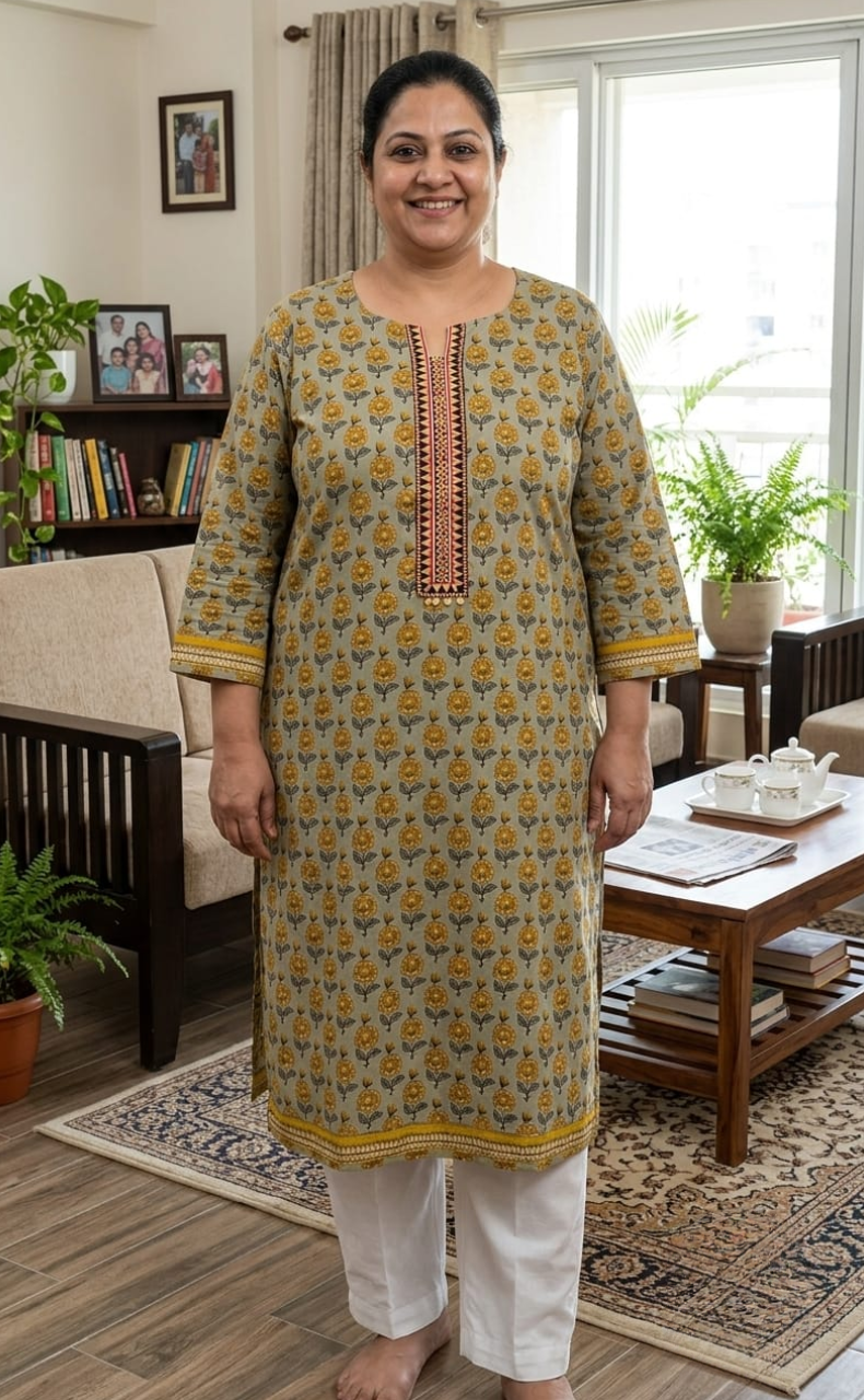 Beige Floral Jaipuri Cotton Kurti. Pure Versatile Cotton. | Laces and Frills