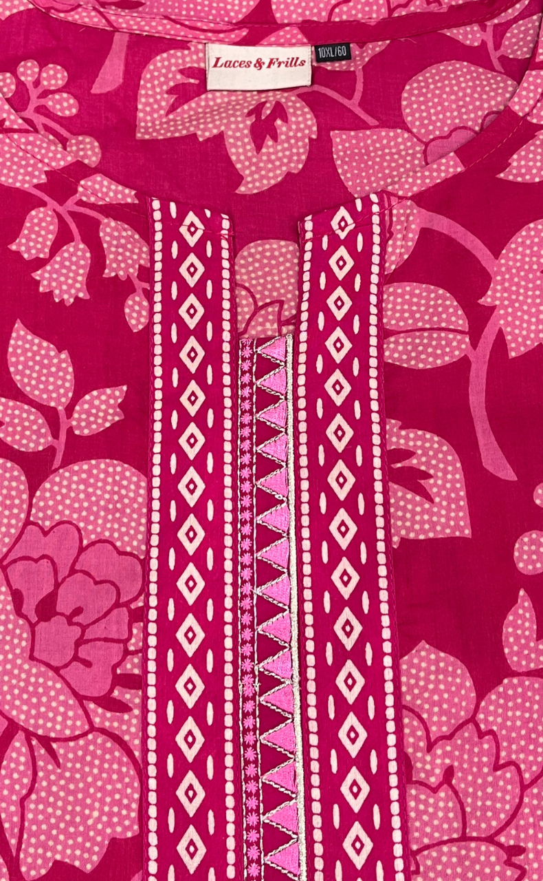Pink Floral Jaipuri Cotton Kurti. Pure Versatile Cotton. | Laces and Frills
