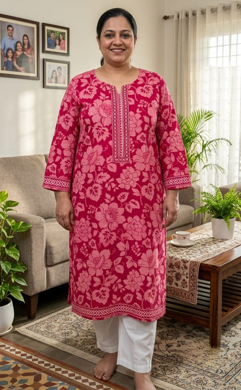Pink Floral Jaipuri Cotton Kurti. Pure Versatile Cotton. | Laces and Frills