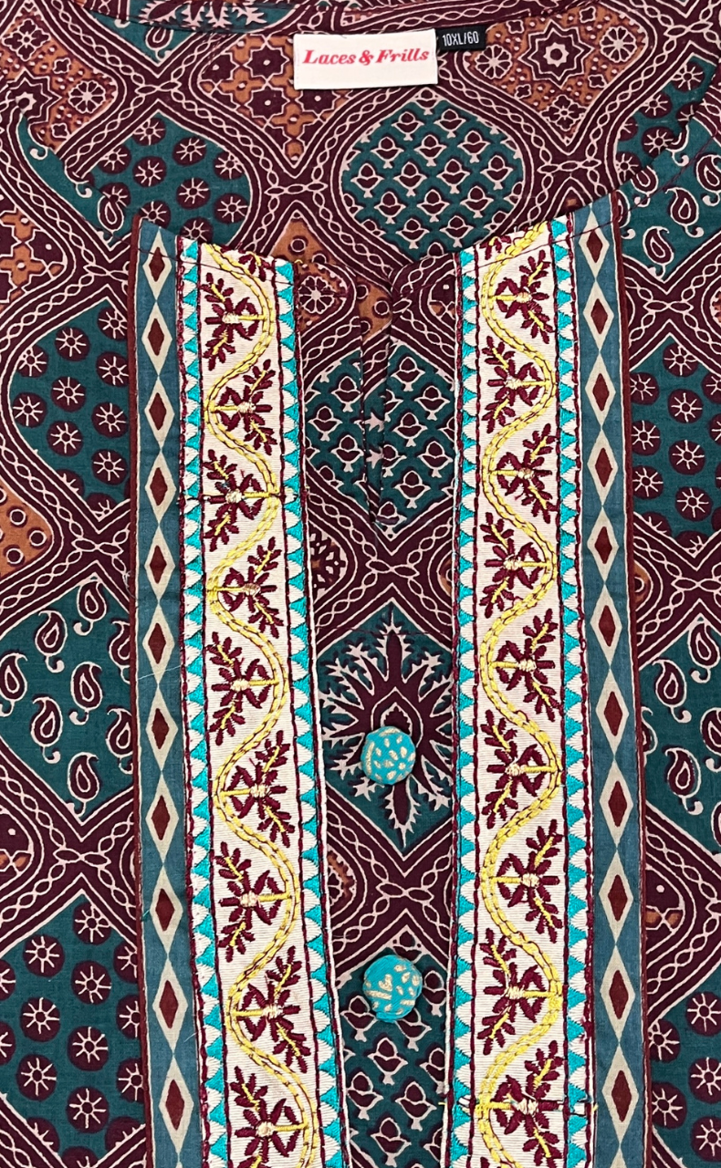 Maroon Ajrakh Jaipuri Cotton Kurti. Pure Versatile Cotton. | Laces and Frills