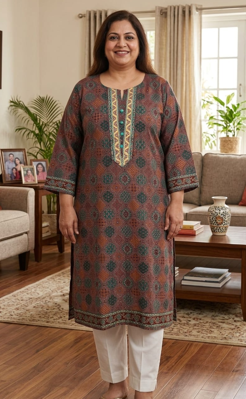 Maroon Ajrakh Jaipuri Cotton Kurti. Pure Versatile Cotton. | Laces and Frills