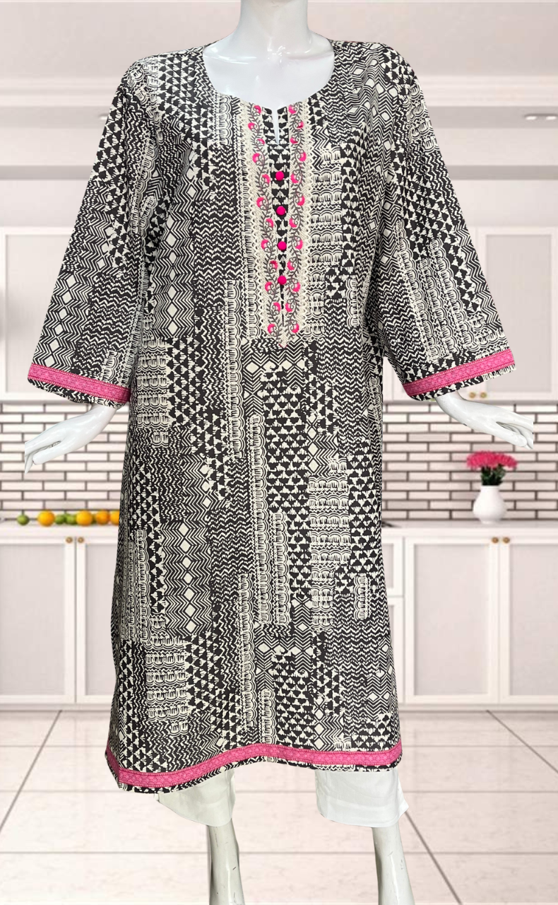 Grey Geometric motif Jaipuri Cotton Kurti. Pure Versatile Cotton. | Laces and Frills