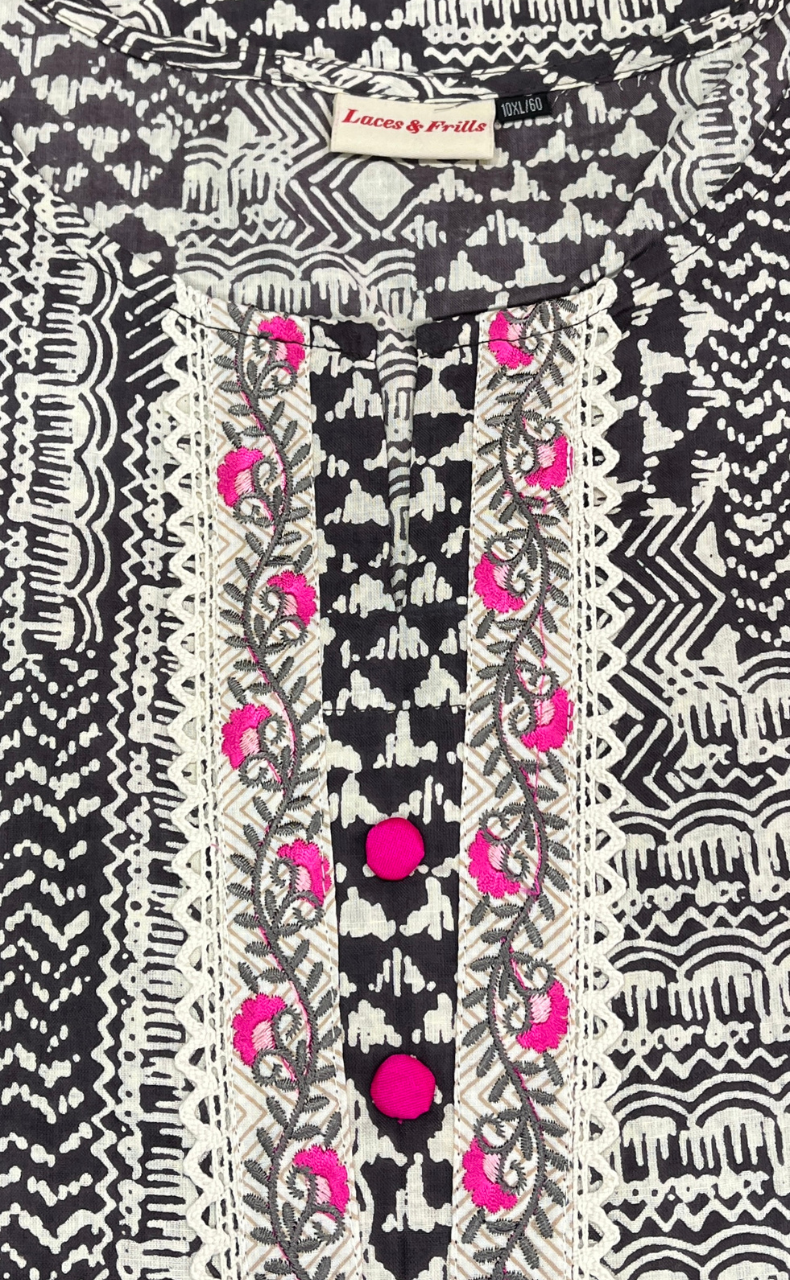 Grey Geometric motif Jaipuri Cotton Kurti. Pure Versatile Cotton. | Laces and Frills