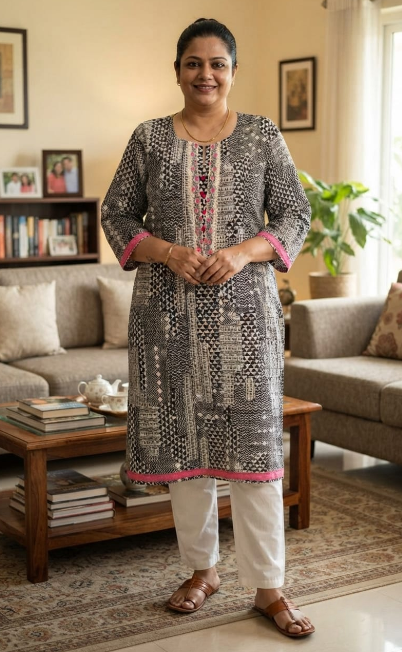 Grey Geometric motif Jaipuri Cotton Kurti. Pure Versatile Cotton. | Laces and Frills
