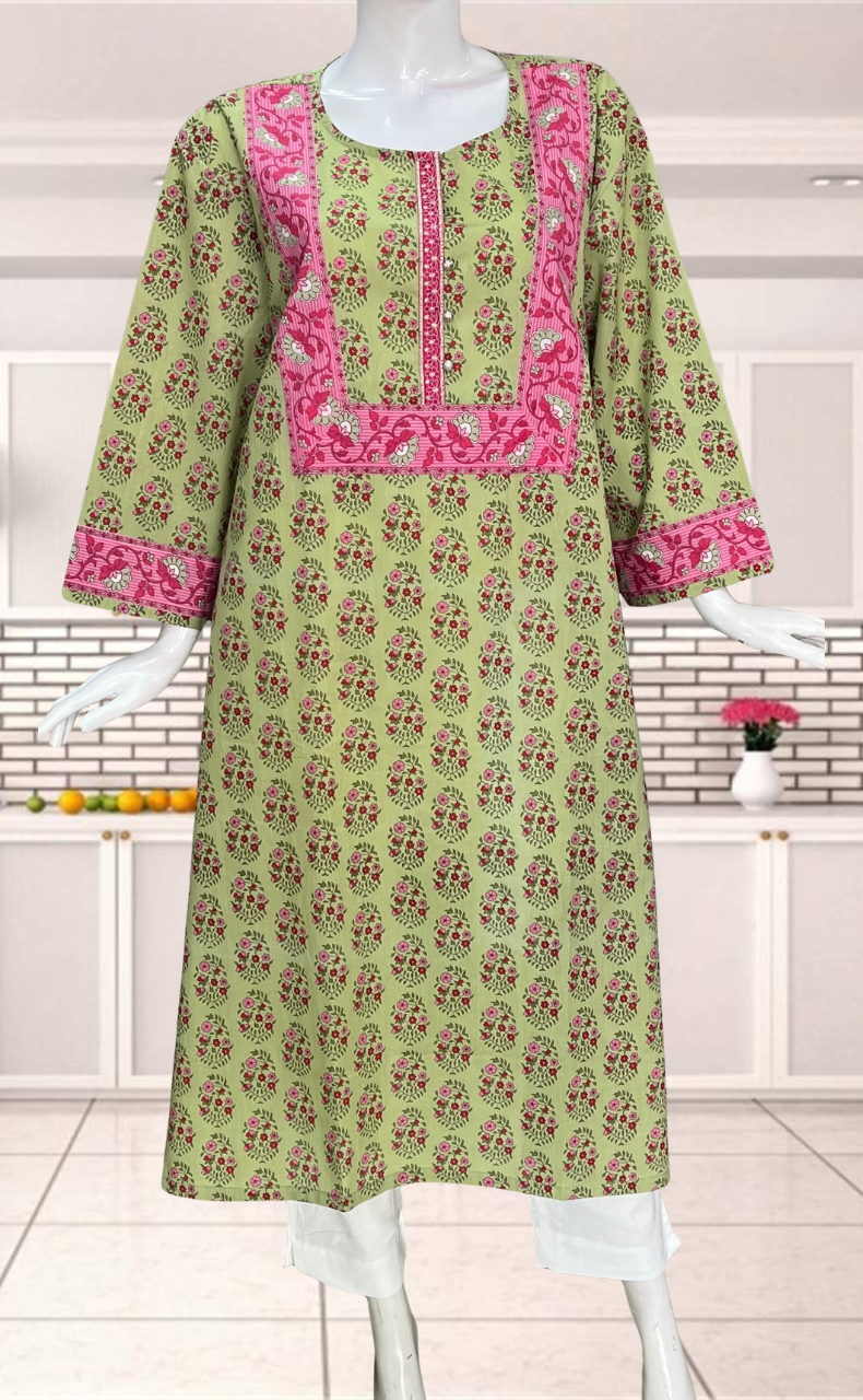 Pista Green Garden Jaipuri Cotton Kurti. Pure Versatile Cotton. | Laces and Frills