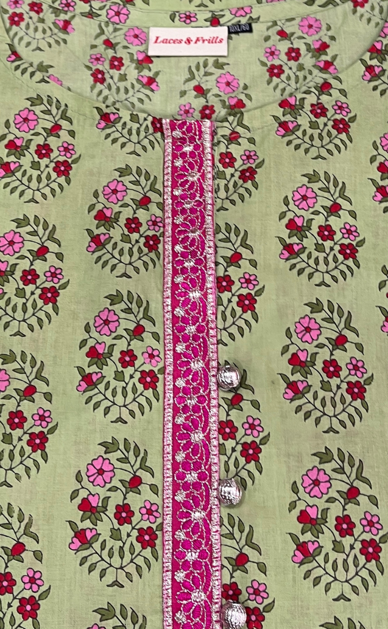 Pista Green Garden Jaipuri Cotton Kurti. Pure Versatile Cotton. | Laces and Frills