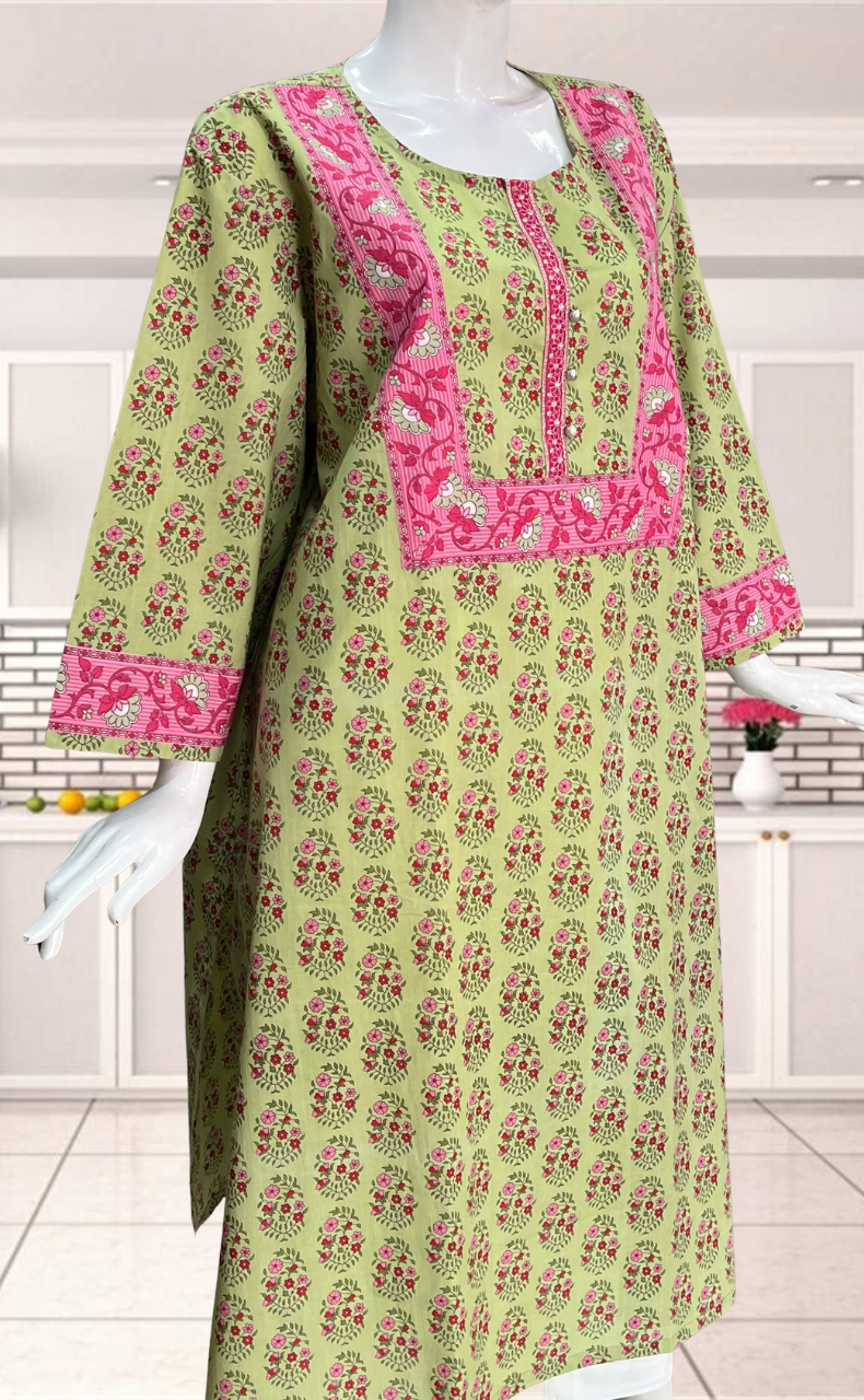 Pista Green Garden Jaipuri Cotton Kurti. Pure Versatile Cotton. | Laces and Frills