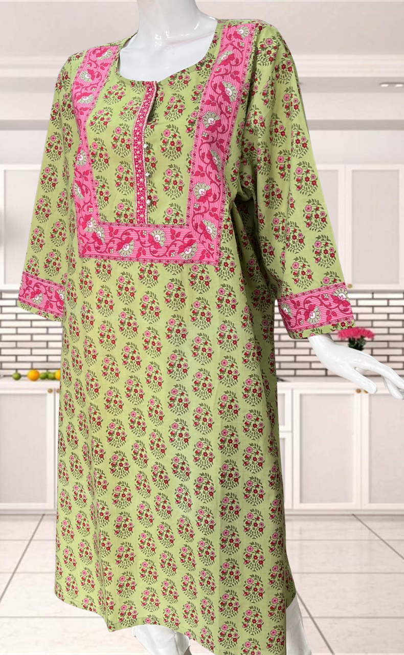 Pista Green Garden Jaipuri Cotton Kurti. Pure Versatile Cotton. | Laces and Frills