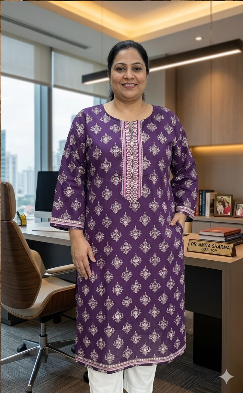 Purple Motif Jaipuri Cotton Kurti. Pure Versatile Cotton. | Laces and Frills - Laces and Frills