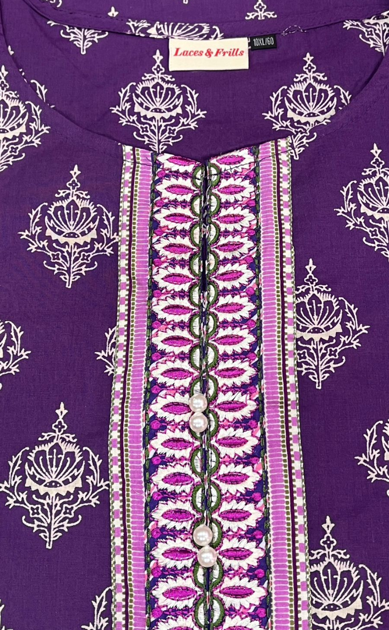 Purple Motif Jaipuri Cotton Kurti. Pure Versatile Cotton. | Laces and Frills