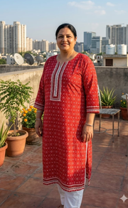 Red Abstract Jaipuri Cotton Kurti. Pure Versatile Cotton. | Laces and Frills - Laces and Frills