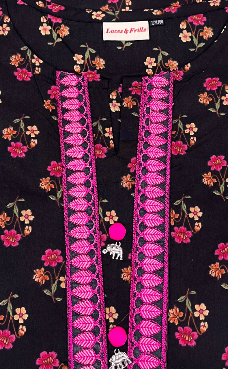 Black Flora Jaipuri Cotton Kurti. Pure Versatile Cotton. | Laces and Frills