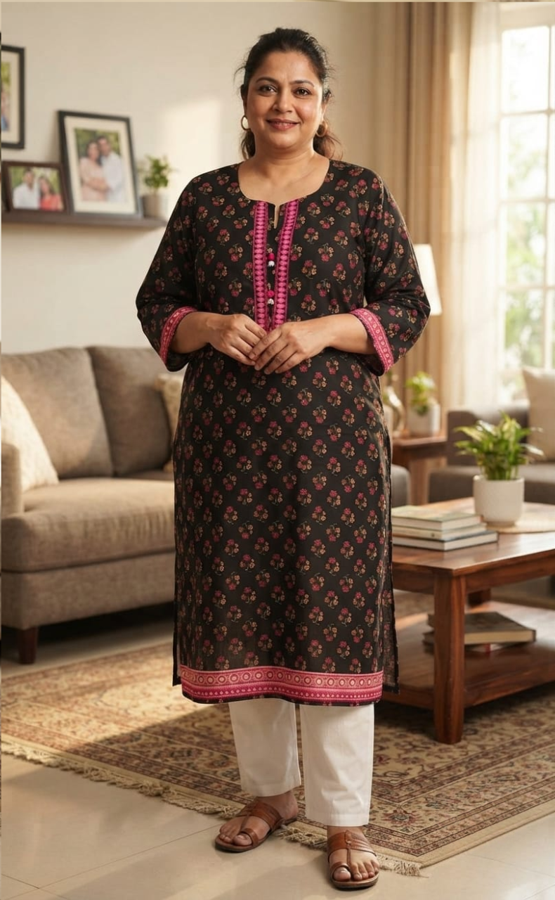 Black Flora Jaipuri Cotton Kurti. Pure Versatile Cotton. | Laces and Frills
