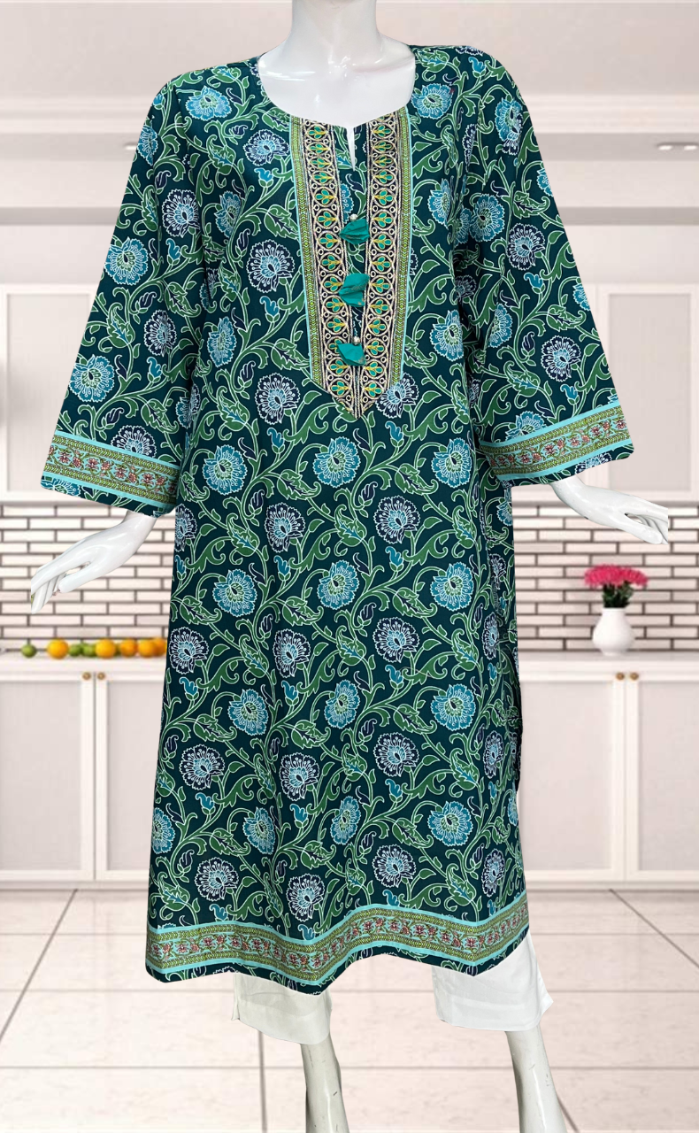 Teal Green Garden Jaipuri Cotton Kurti. Pure Versatile Cotton. | Laces and Frills