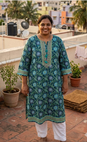 Teal Green Garden Jaipuri Cotton Kurti. Pure Versatile Cotton. | Laces and Frills - Laces and Frills
