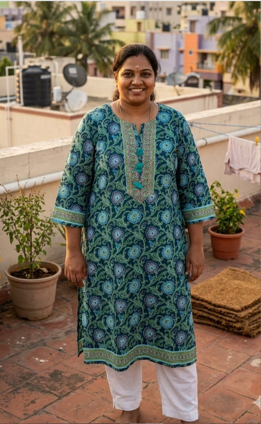 Teal Green Garden Jaipuri Cotton Kurti. Pure Versatile Cotton. | Laces and Frills - Laces and Frills