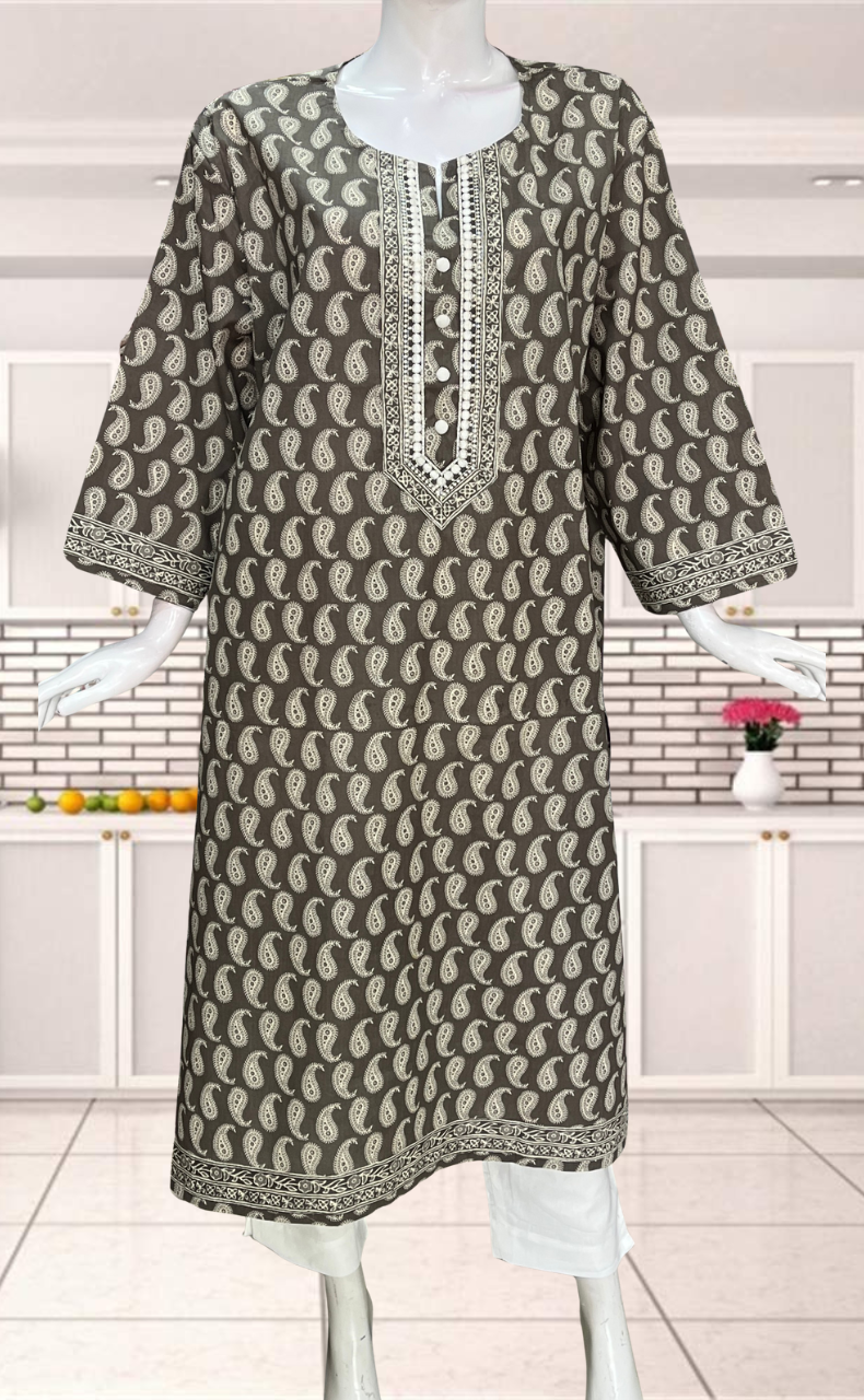 Grey Paisley Print Jaipuri Cotton Kurti. Pure Versatile Cotton. | Laces and Frills