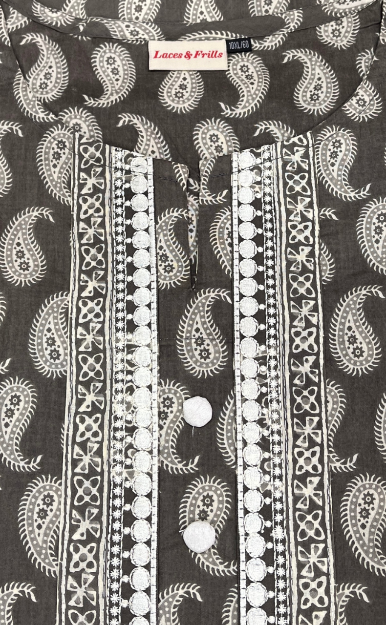 Grey Paisley Print Jaipuri Cotton Kurti. Pure Versatile Cotton. | Laces and Frills