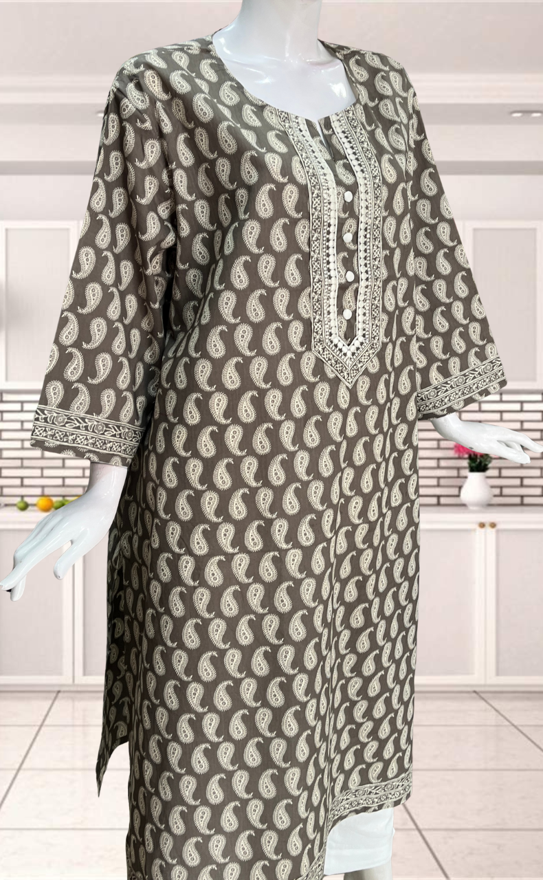 Grey Paisley Print Jaipuri Cotton Kurti. Pure Versatile Cotton. | Laces and Frills