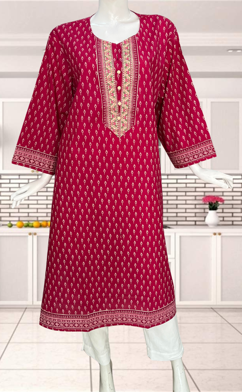 Pink Leafy Jaipuri Cotton Kurti. Pure Versatile Cotton. | Laces and Frills