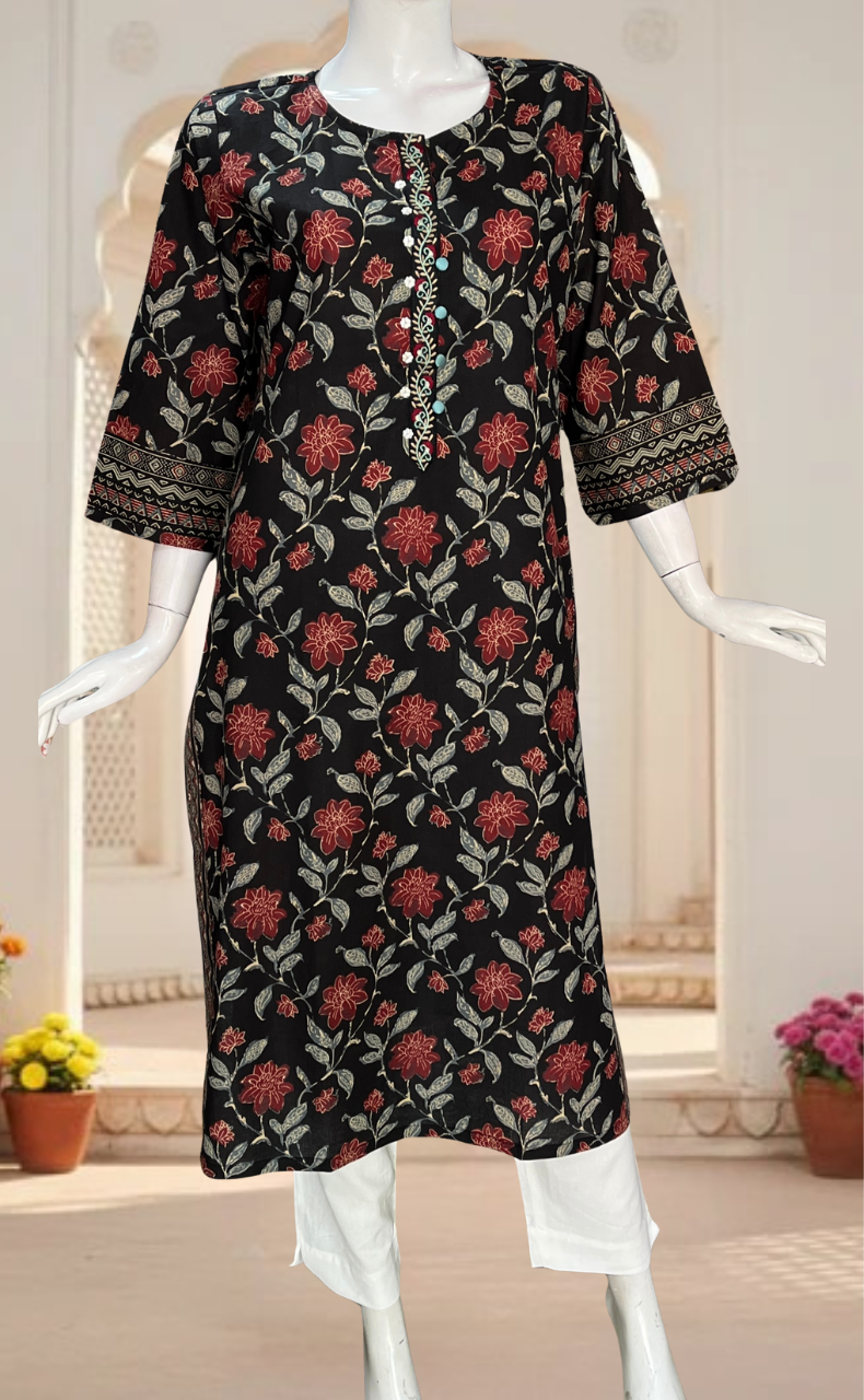 Black Garden Jaipuri Cotton Kurti. Pure Versatile Cotton. | Laces and Frills