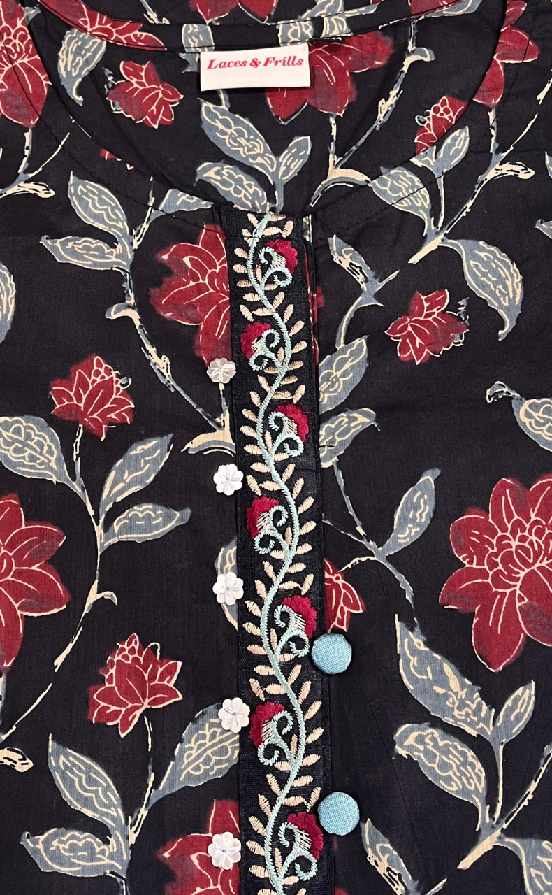 Black Garden Jaipuri Cotton Kurti. Pure Versatile Cotton. | Laces and Frills