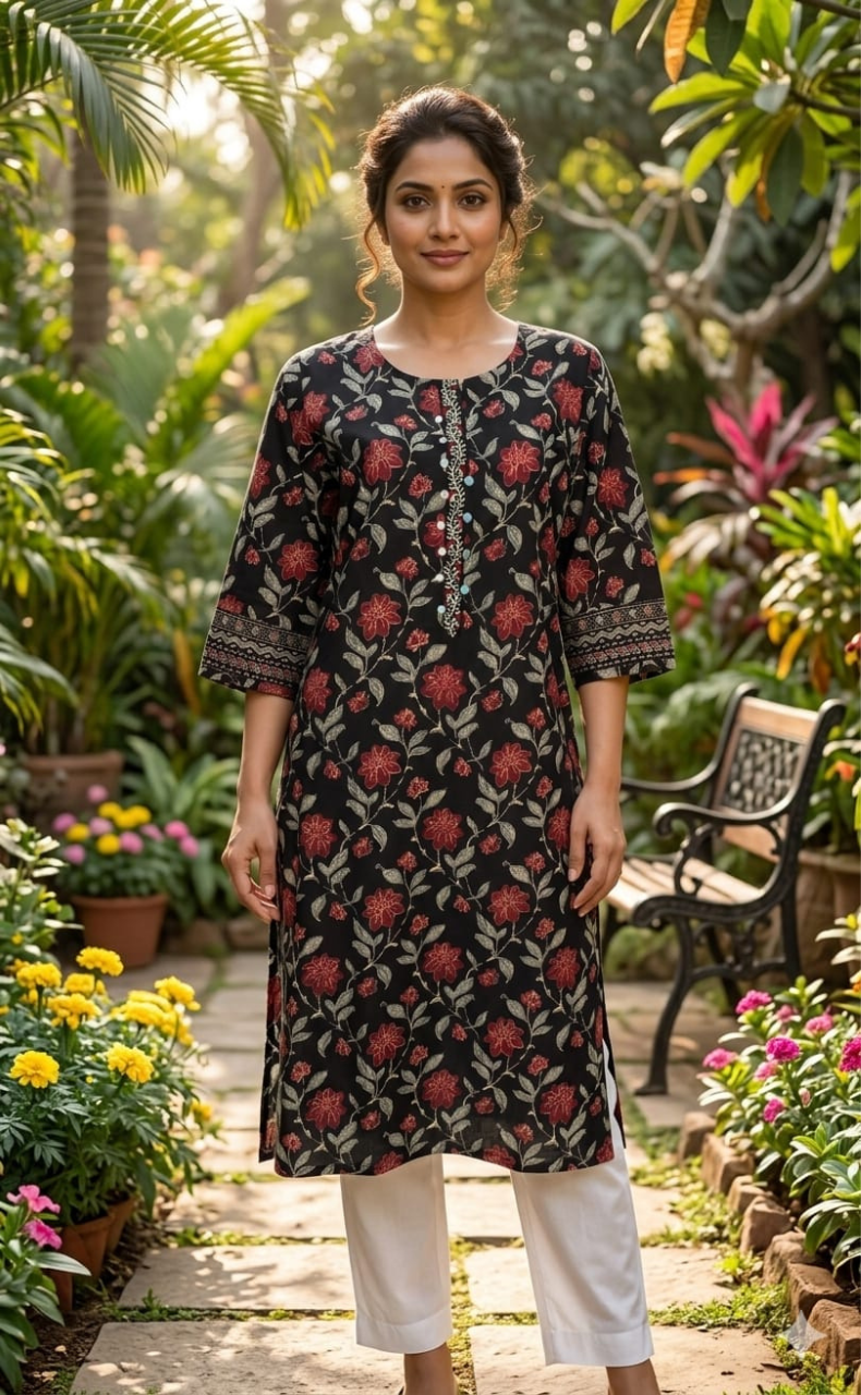 Black Garden Jaipuri Cotton Kurti. Pure Versatile Cotton. | Laces and Frills - Laces and Frills
