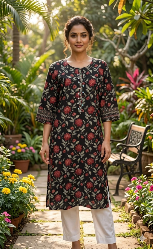Black Garden Jaipuri Cotton Kurti. Pure Versatile Cotton. | Laces and Frills - Laces and Frills