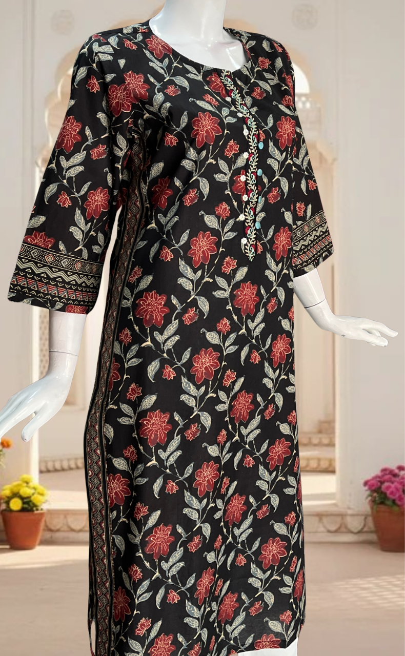 Black Garden Jaipuri Cotton Kurti. Pure Versatile Cotton. | Laces and Frills