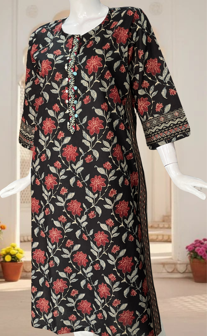 Black Garden Jaipuri Cotton Kurti. Pure Versatile Cotton. | Laces and Frills