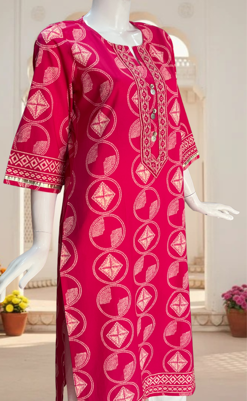 Pink Abstract Jaipuri Cotton Kurti. Pure Versatile Cotton. | Laces and Frills