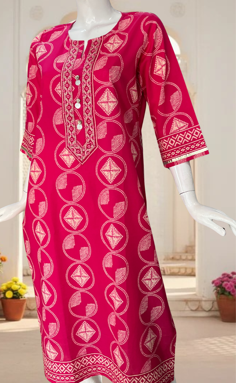 Pink Abstract Jaipuri Cotton Kurti. Pure Versatile Cotton. | Laces and Frills