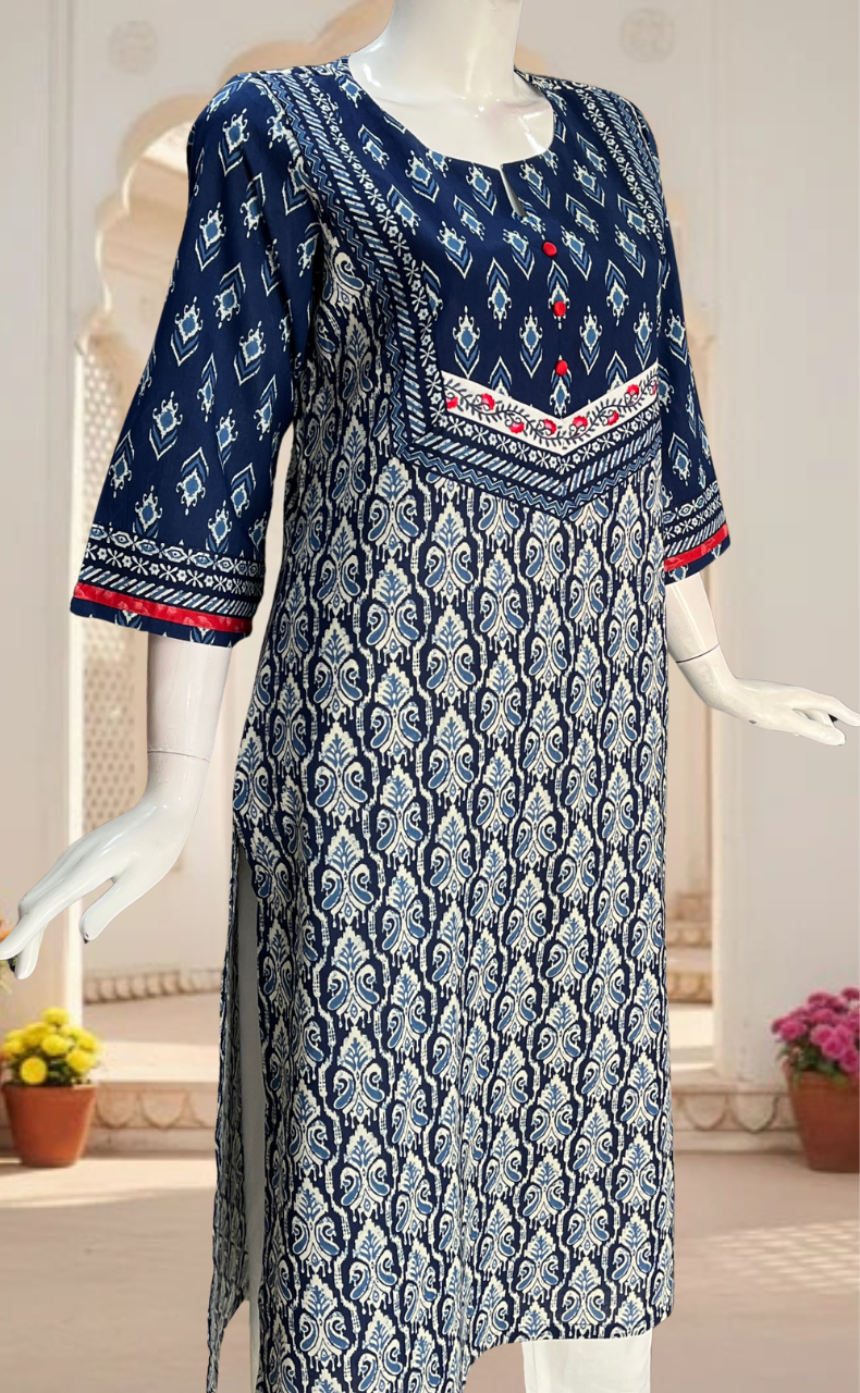 Blue Ikkat Jaipuri Cotton Kurti. Pure Versatile Cotton. | Laces and Frills