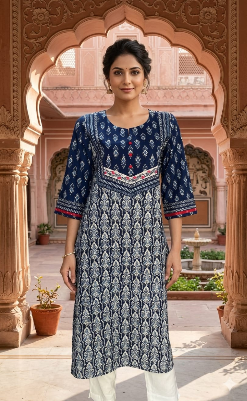 Blue Ikkat Jaipuri Cotton Kurti. Pure Versatile Cotton. | Laces and Frills - Laces and Frills