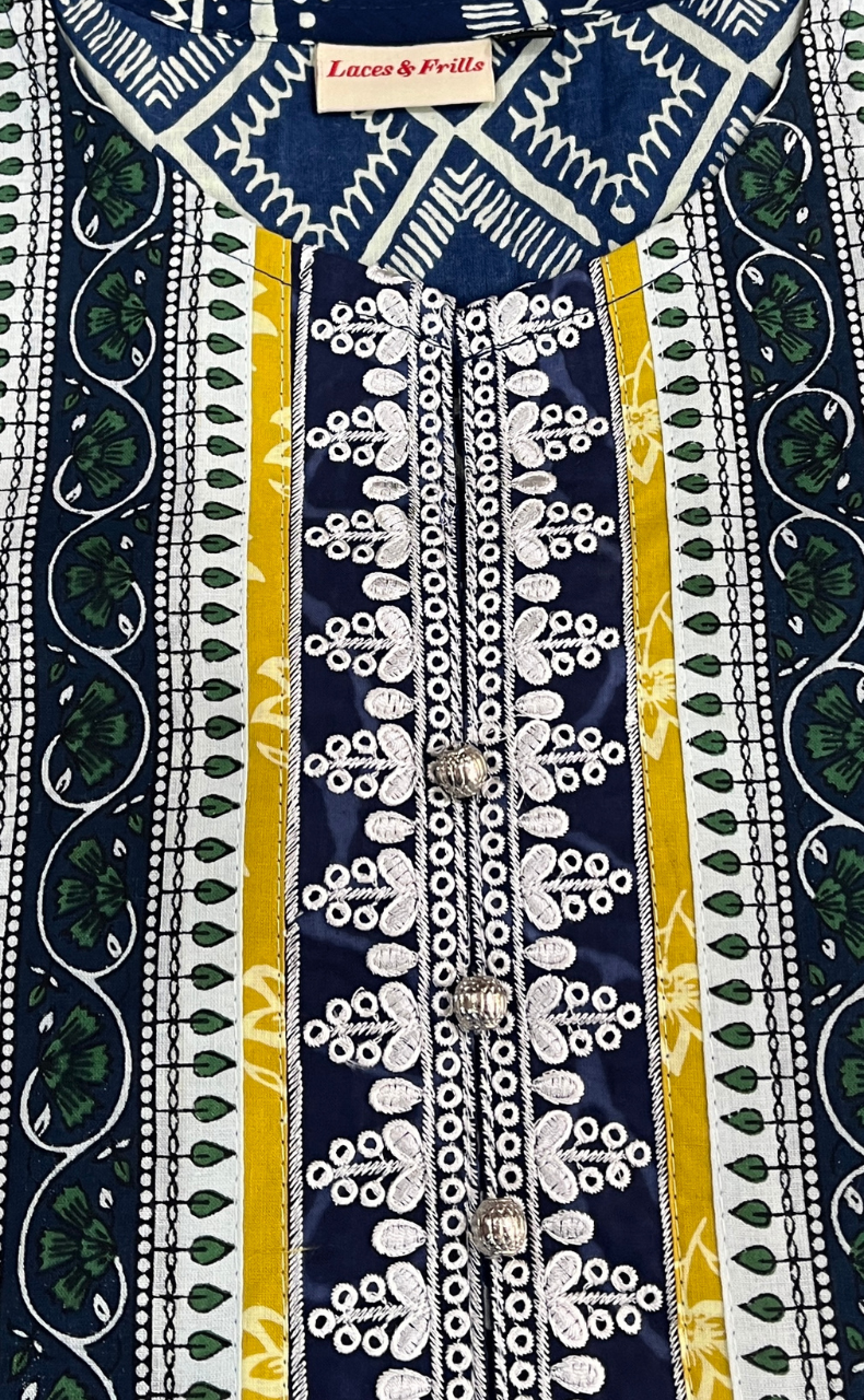 Blue Abstract Jaipuri Cotton Kurti. Pure Versatile Cotton. | Laces and Frills