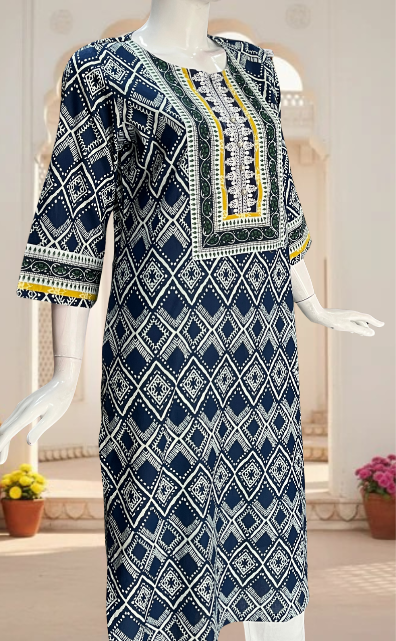 Blue Abstract Jaipuri Cotton Kurti. Pure Versatile Cotton. | Laces and Frills