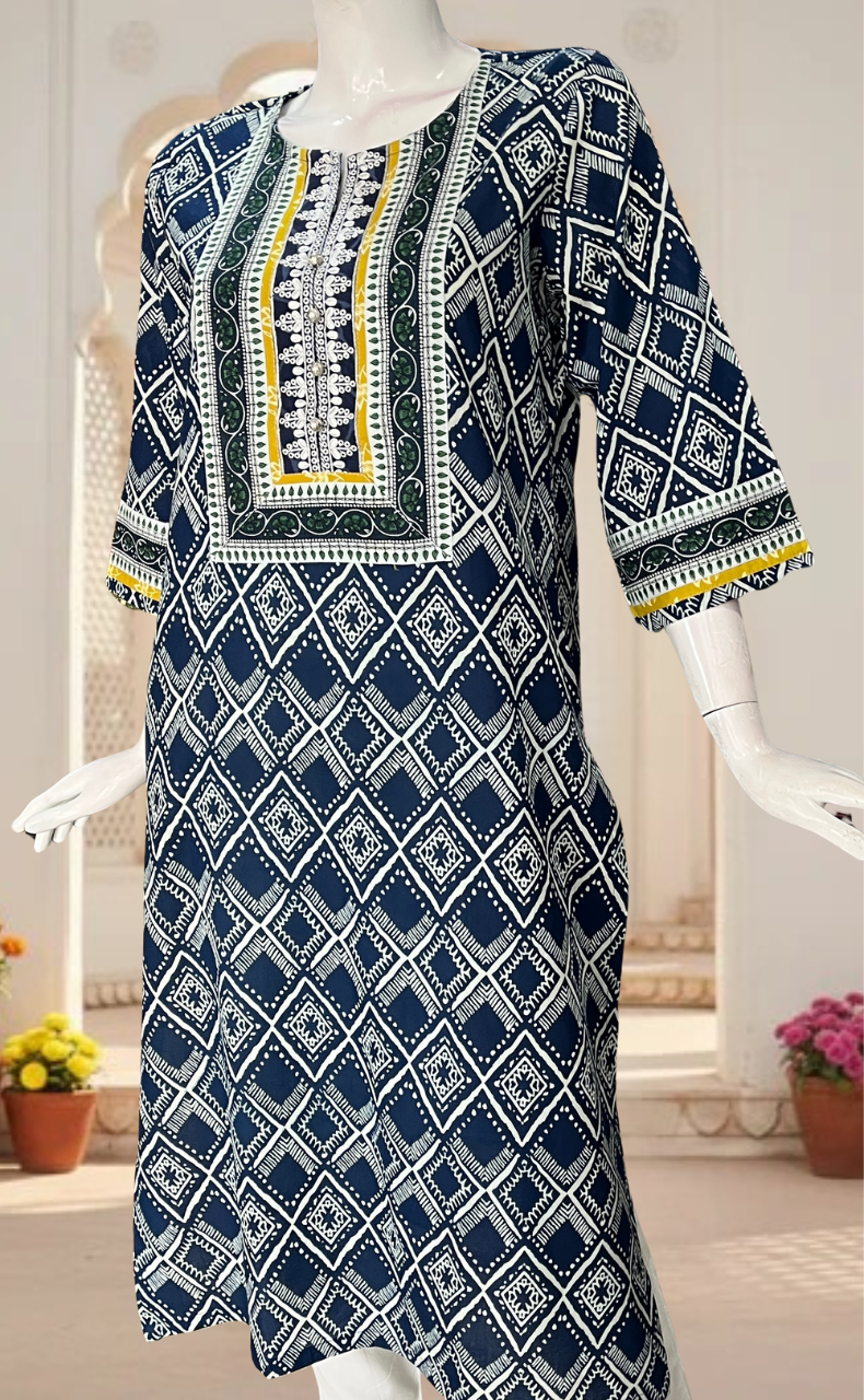 Blue Abstract Jaipuri Cotton Kurti. Pure Versatile Cotton. | Laces and Frills