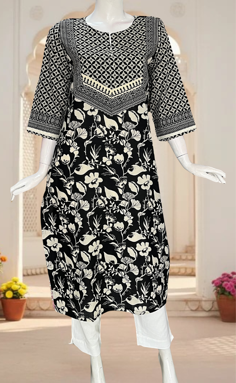 Black Floral Jaipuri Cotton Kurti. Pure Versatile Cotton. | Laces and Frills