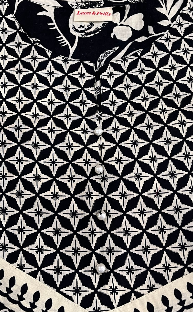 Black Floral Jaipuri Cotton Kurti. Pure Versatile Cotton. | Laces and Frills