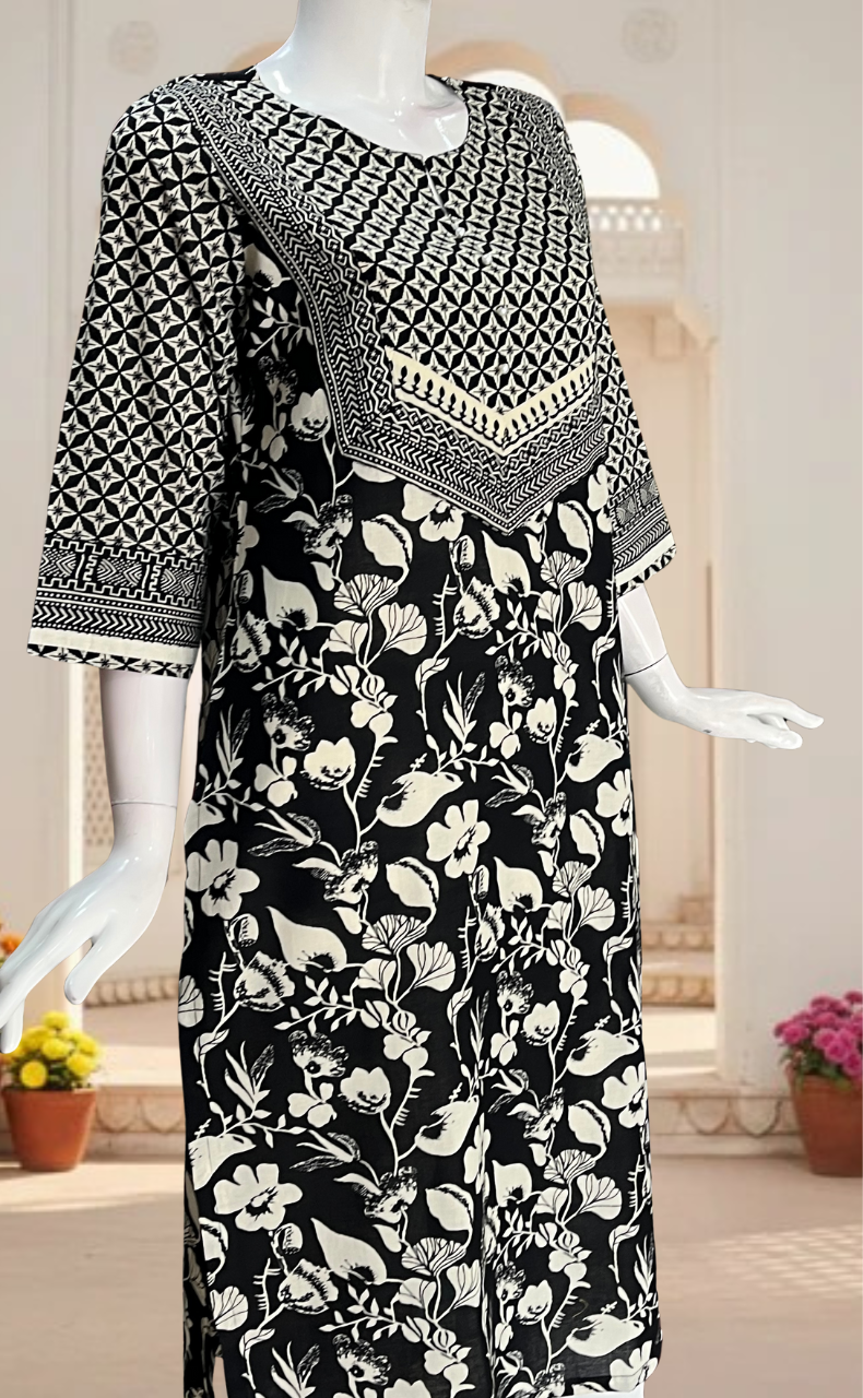 Black Floral Jaipuri Cotton Kurti. Pure Versatile Cotton. | Laces and Frills