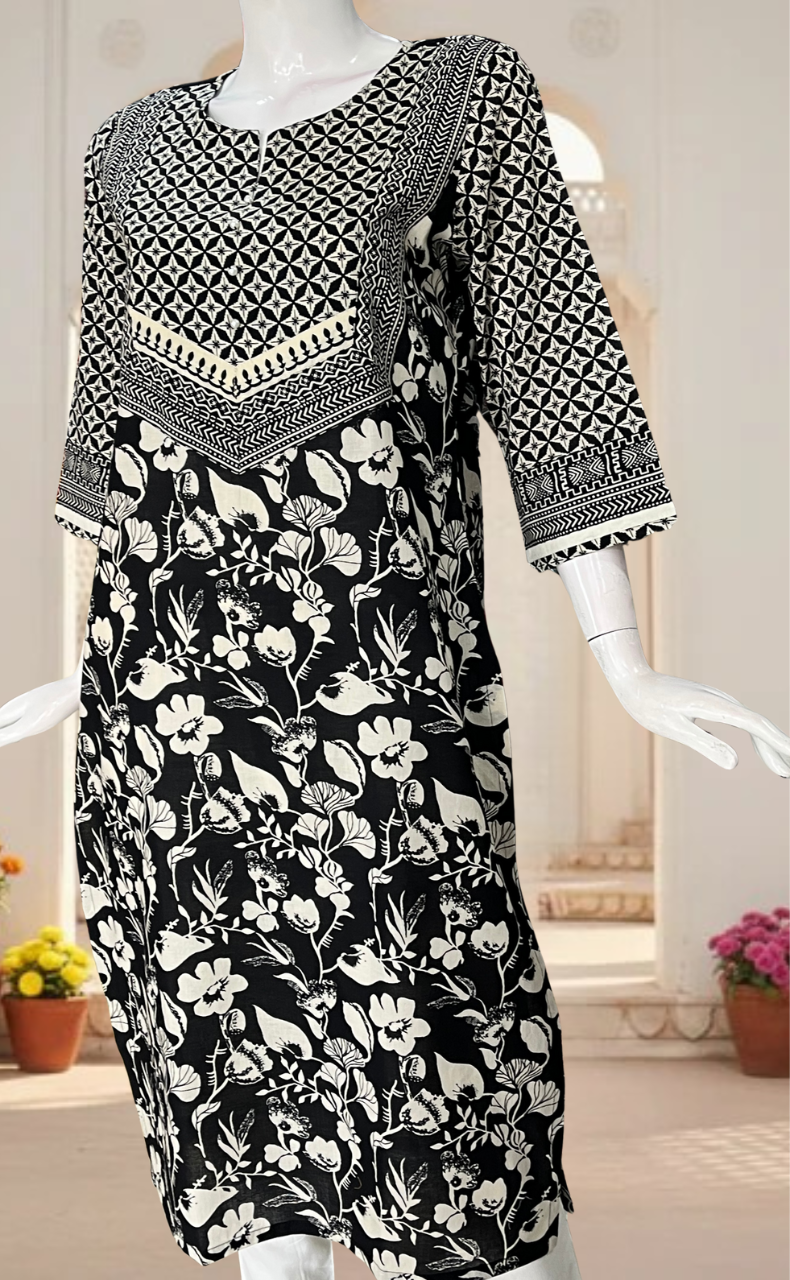 Black Floral Jaipuri Cotton Kurti. Pure Versatile Cotton. | Laces and Frills