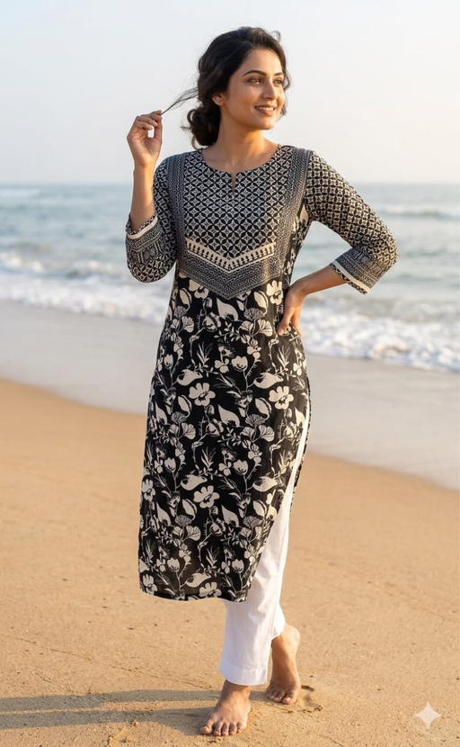 Black Floral Jaipuri Cotton Kurti. Pure Versatile Cotton. | Laces and Frills - Laces and Frills