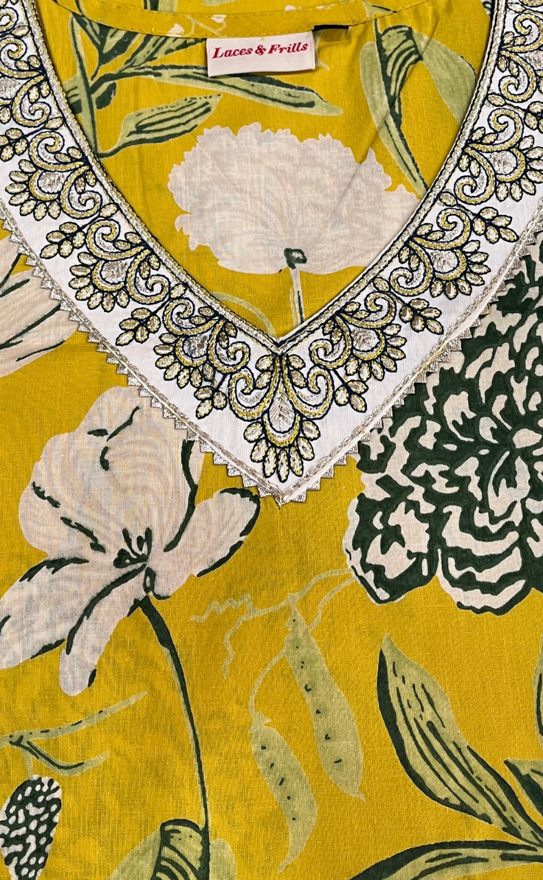 Yellow Floral Jaipuri Cotton Kurti. Pure Versatile Cotton. | Laces and Frills