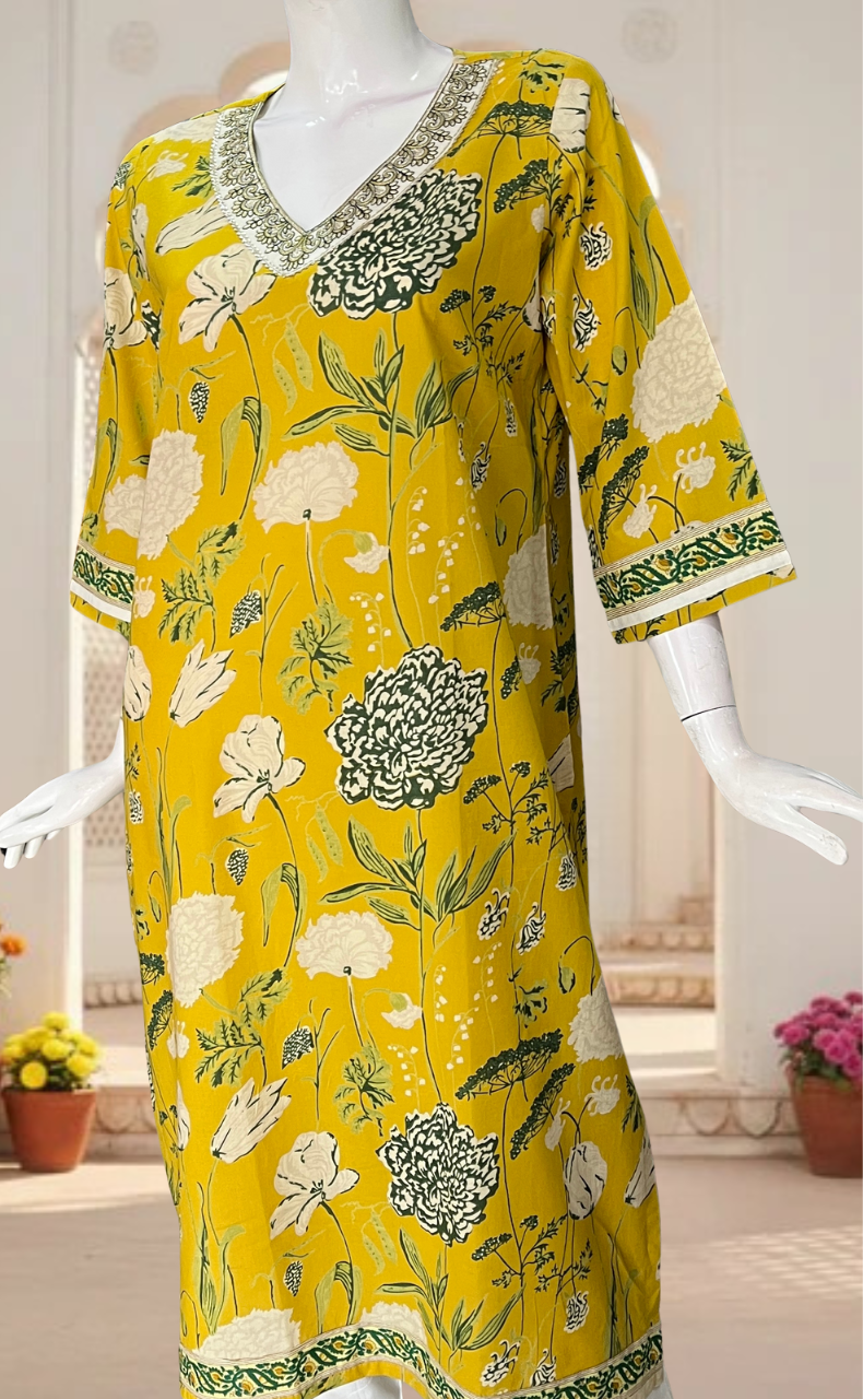 Yellow Floral Jaipuri Cotton Kurti. Pure Versatile Cotton. | Laces and Frills