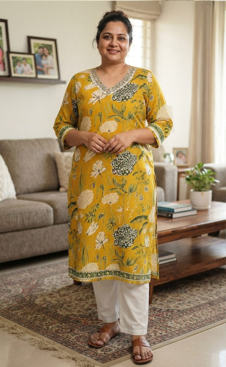 Yellow Floral Jaipuri Cotton Kurti. Pure Versatile Cotton. | Laces and Frills