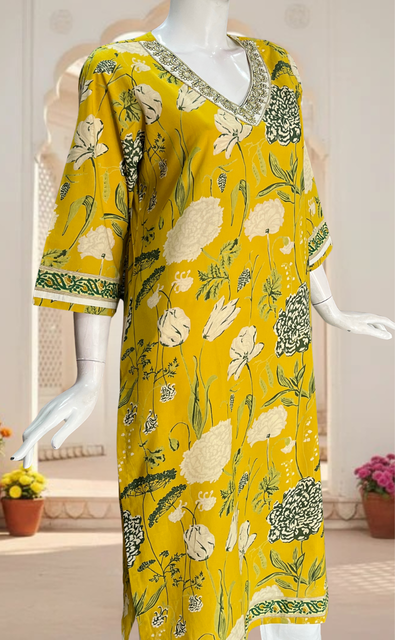 Yellow Floral Jaipuri Cotton Kurti. Pure Versatile Cotton. | Laces and Frills