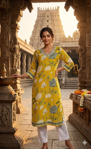 Yellow Floral Jaipuri Cotton Kurti. Pure Versatile Cotton. | Laces and Frills - Laces and Frills