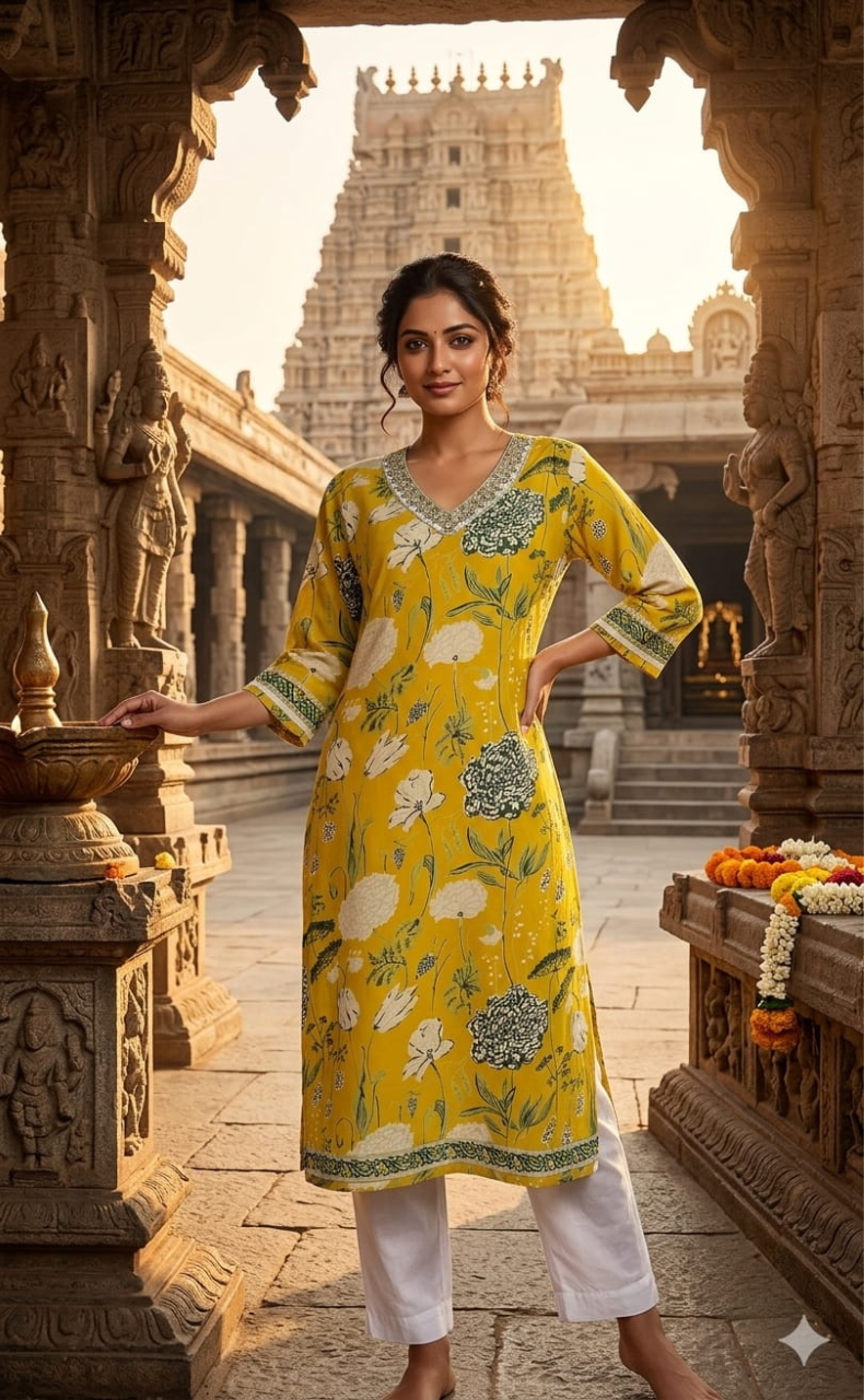 Yellow Floral Jaipuri Cotton Kurti. Pure Versatile Cotton. | Laces and Frills - Laces and Frills
