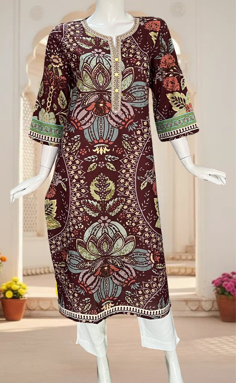 Dark Maroon Garden Jaipuri Cotton Kurti. Pure Versatile Cotton. | Laces and Frills